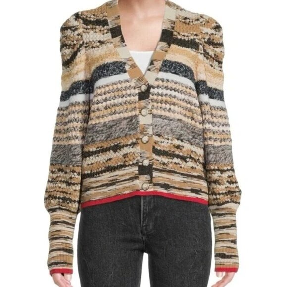 Veronica Beard Cecily Mixed Knit Wool Blend Cropped Cardigan, Size Large - Picture 1 of 12